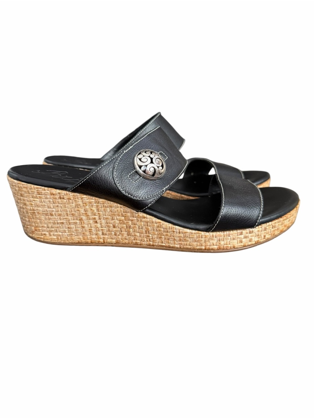 Brighton Hudson Buffalo Cork Platform Wedge Sandals size 10M Black Leather Shoes